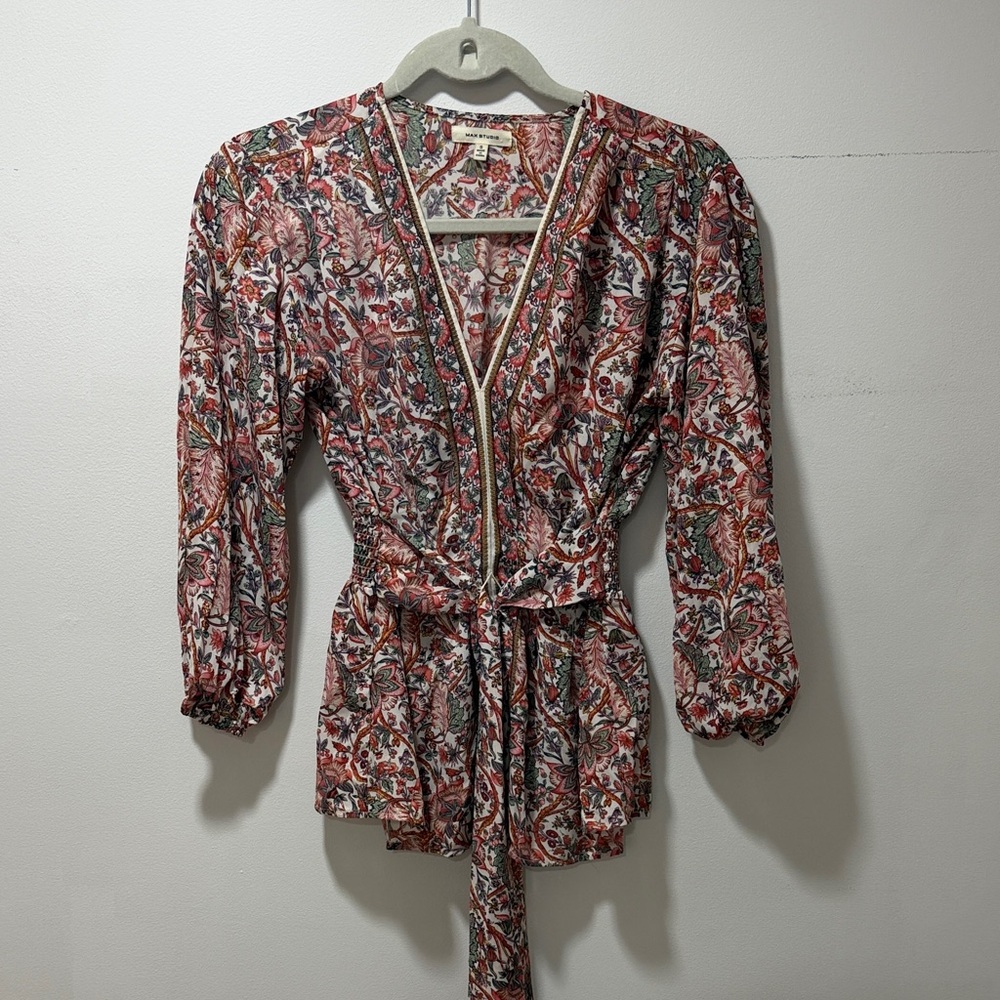 MAX STUDIO Wrap Blouse‎ Tie Waist Multicolor Floral Print SzSmall Spring Paisley